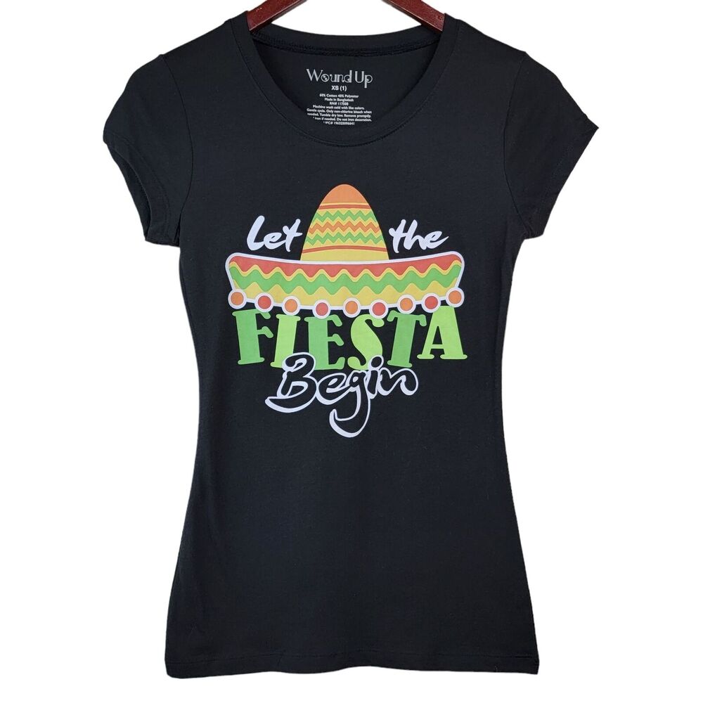 Let the Fiesta Begin Tshirt Juniors Sz XS Black‎ Taco Tuesday Sombrero Tee Shirt